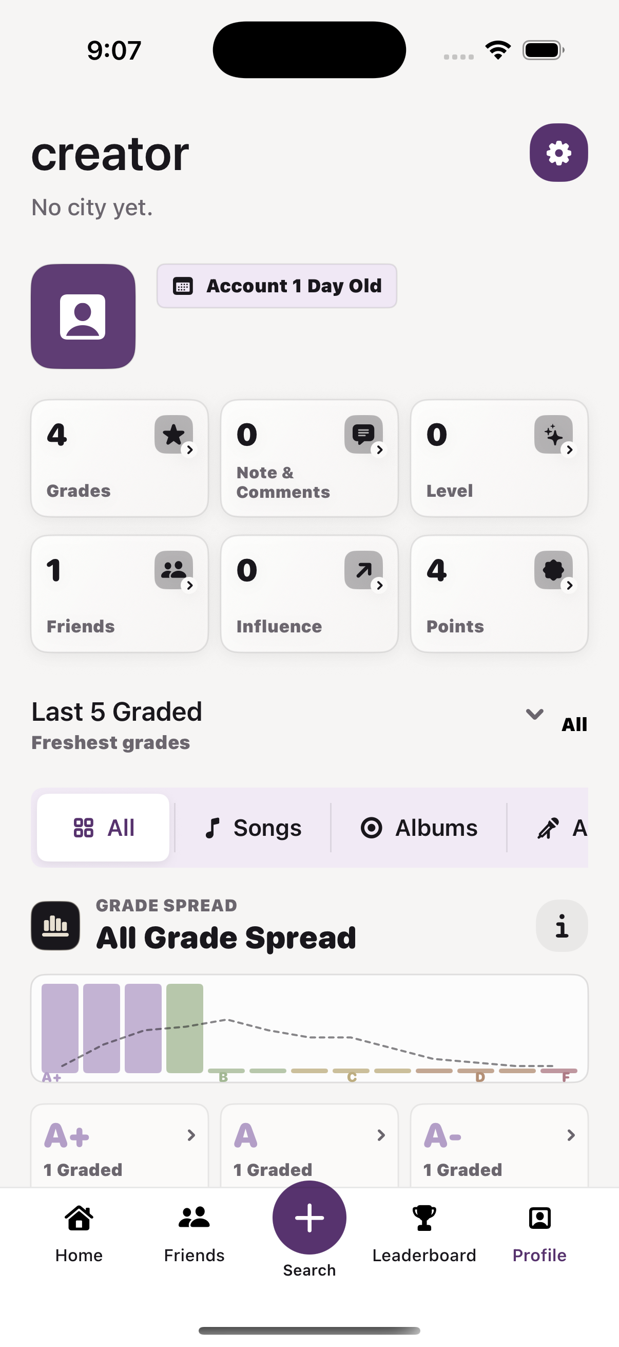 Graded2Day Profile showing grade totals, social stats, and an exact grade spread