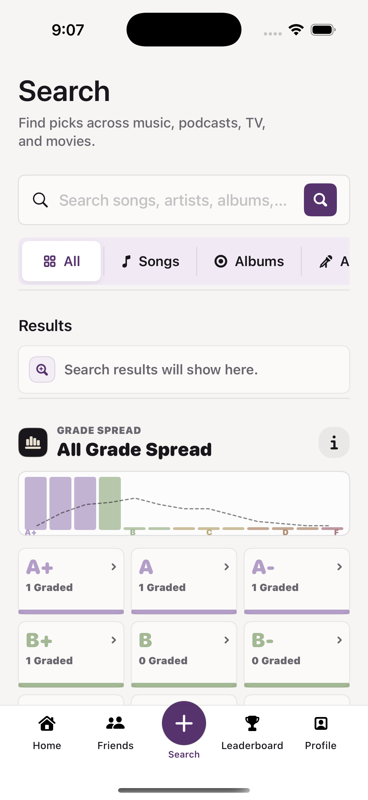 Graded2Day Search showing media categories and the exact grade spread interface